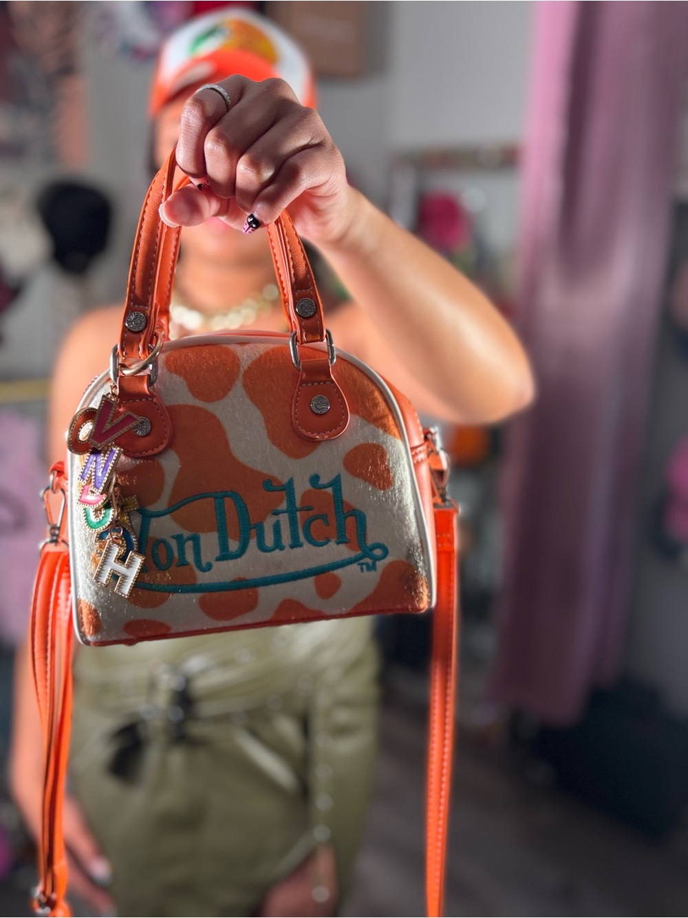 Von Dutch Orange and Cream Mini Dome Satchel with Teal Logo
